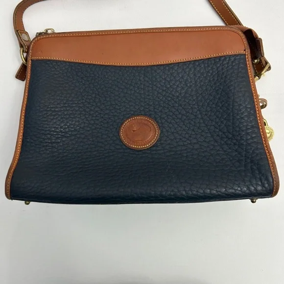 Vintage Dooney & Bourke All Weather Leather Crossbody/Satchel in Dk Blue/Tan - Picture 3 of 16